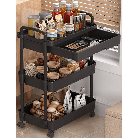 3-Tier Utility Rolling Cart,RLUETIME Mobile Utility Cart with Drawer,Storage Shelves Organizer Cart, Black