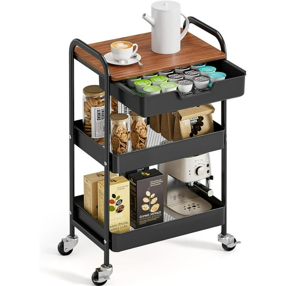 3-Tier Utility Rolling Cart with Wooden Board and Drawer, Metal Storage Cart with Handle, Black Trolley Kitchen Organizer Rolling Desk with Locking Wheels for Office, Classroom, Home, Bedroom