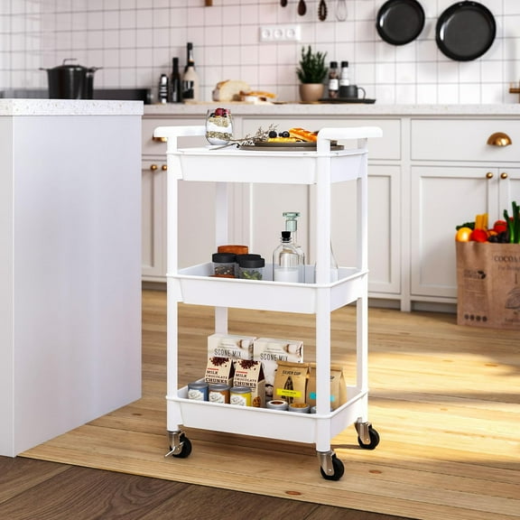 3-Tier Utility Rolling Cart with Cover Top Board, Mobile Storage Trolley for Office, Bathroom, Kitchen, Garden, Laundry Room (White)