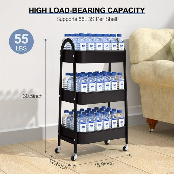 3 Tier Utility Rolling Cart with Lockable Wheels, Mesh Baskets for Kitchen, Living Room, Office, Garage