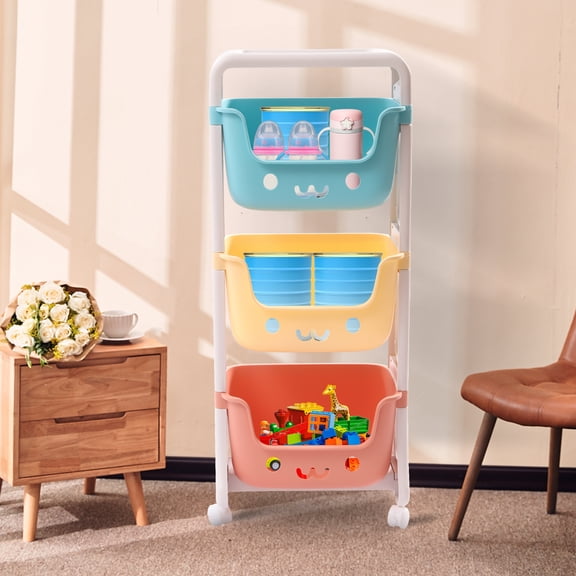 3-Tier Utility Rolling Cart with Universal Wheels, Cute Smiley Design, Snacks Bins Rack Shelf