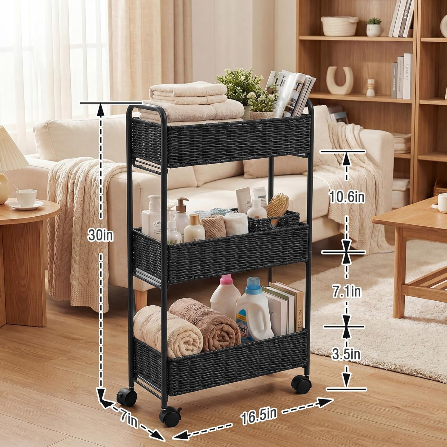 3-Tier Utility Slim Storage Cart, Rolling Kitchen Office Laundry Room Cart, Shelving Unit Organizer for Living Room,Home Office & Narrow Places