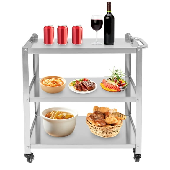 3 Tier Utility Stainless Steel Kitchen Trolley Cart, Floorstanding Utility Serving Storage Rolling Cart Shelf, Kitchen Trolley Cart - 250lbs 27*16*31in