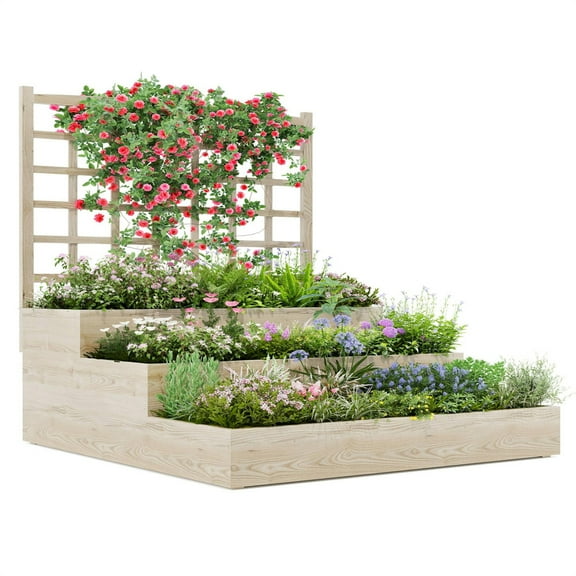 3-Tier Vertical Cedar Planter Box with Trellis - Raised Garden Bed for Climbing Plants, Vegetables & Herbs, Open Base Drainage Design, Ideal for Patios, Decks & Yards