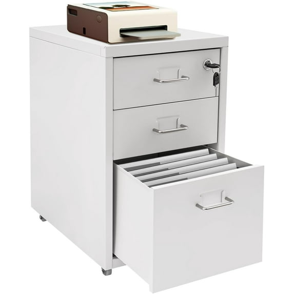 3-Tier Vertical File Cabinet Metal Mobile File Cabinet with Lock+Wheels, Lockable Filing Cabinet with 2 Keys, Rolling File Cabinets with Lock for Home Office (White)