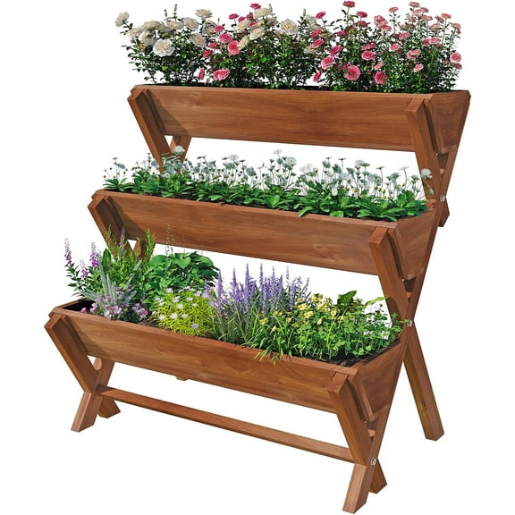 3 Tier Vertical Garden Planter,Raised Garden Bed,Planter Box,Fir Wood Freestanding Elevated Herb Stand Tower,Flower Strawberry Vegetable with Drain Holes,35x22x36 Inches, for Outdoor,Brown