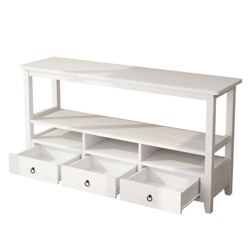 Antique White Wood Console Table with Storage Drawers and Shelves