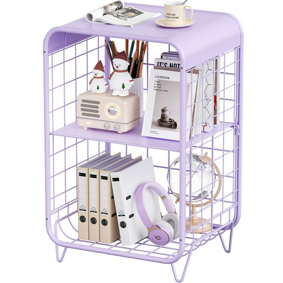 3 Tier Vintage Metal Side Table, Adjustable Bedside Table with Storage forRoom, Living Room, Dorm, Compact Design, Purple