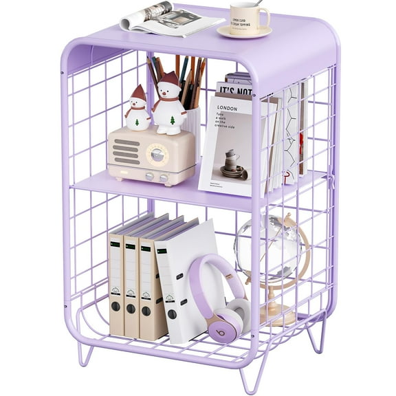 3 Tier Vintage Metal Side Table, Adjustable Bedside Table with Storage forRoom, Living Room, Dorm, Compact Design, Purple