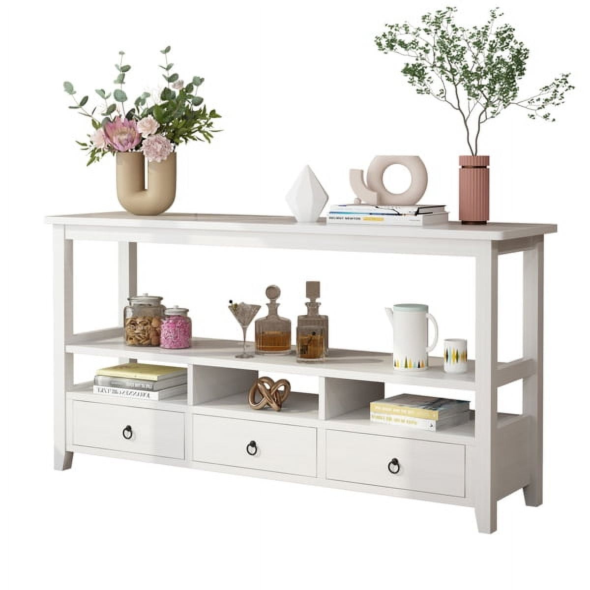 Antique White Wood Console Table with Storage Drawers and Shelves