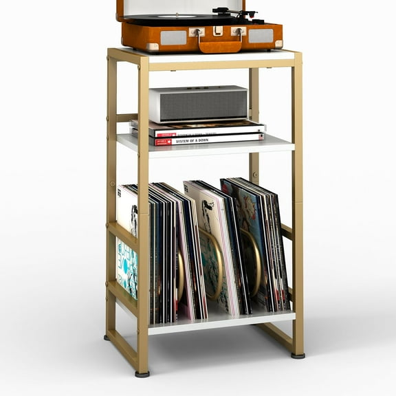 3-Tier Vinyl Record Player Stand, End Table for Album Storage, 28“ H Record Player Stand with Storage Up to 120 Albums, Side Table for Living Room Bedroom (Rustic Brown)