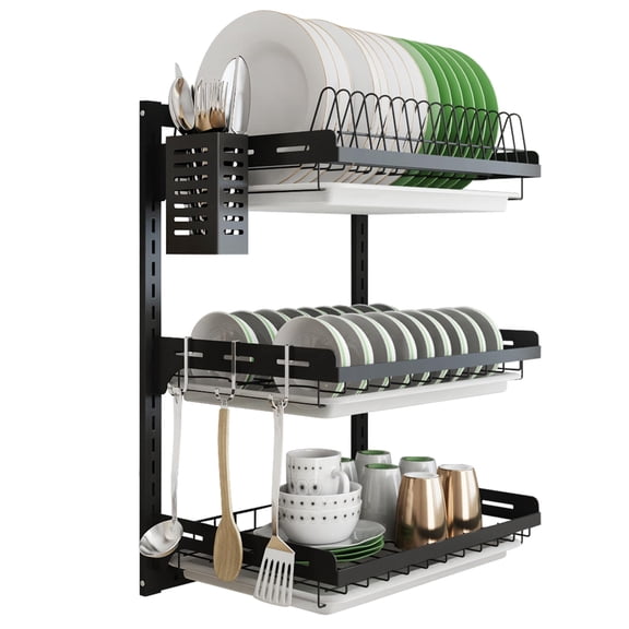 3 Tier Wall Mount Black Stainless Steel Dish Drying Rack with Drain Tray and Hooks