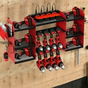 3 Tier Wall Mount Power Tool Organizer with Charging Station, 8 Slots Heavy Duty Metal Drill Holder, Tool Holder Storage Rack for Garage Basement Workshop, Red