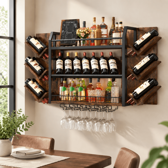 Vitamins Shelf Rack 3 Tier Wall Mount Wine Rack, Rustic Brown Metal Wood Bottle Storage ...