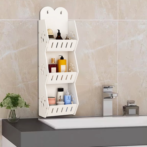 3-Tier Wall Mounted Bathroom Organizer, Waterproof PVC Storage Rack with Adhesive Hooks, No Drill Space-Saving for Shower, Laundry Room, Living Room, Bedroom White