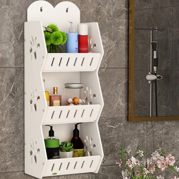 3-Tier Wall Mounted Bathroom Shelf with Adhesive Hooks and Waterproof PVC, Space Saving Shower Organizer for Shampoo Toiletries, Laundry Room Toilet Storage Rack for Apartment Dorm