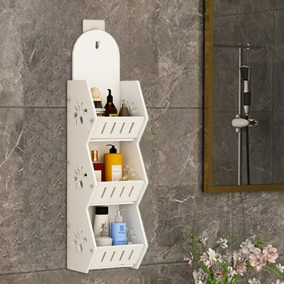 3 Tier Wall Mounted Bathroom Storage Rack Waterproof PVC Floating Shelf Multi-layer Space Saving Organizer for Living Room Bedroom, Size is S