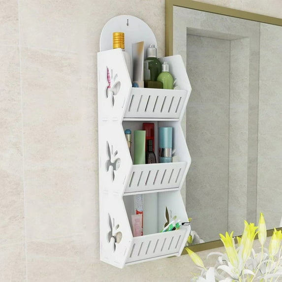 3-Tier Wall Mounted Bathroom Storage Rack | White PVC Organizer for Shower, Toilet & Laundry Room | Space-Saving Shelf for Toiletries & Cleaning Supplies