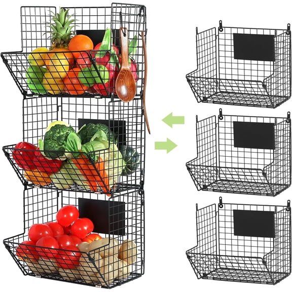 3-Tier Wall-Mounted Black Iron Wire Storage Basket with Hanging Hooks and Removable Chalkboard Panels