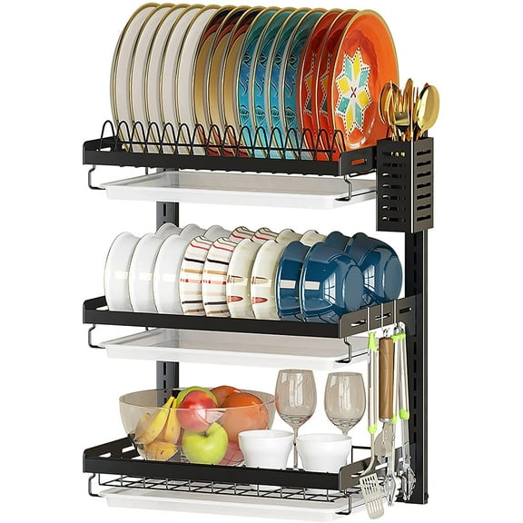 3 Tier Wall Mounted Dish Drying Rack, Black Rustproof Hanging Dish Drainer Organizer with Utensil Holder & Removable Drainboards, Adjustable Heavy Duty Kitchen Space Saver