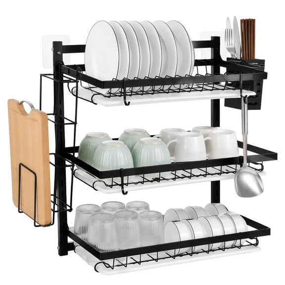 3 Tier Wall Mounted Dish Rack, Large Capacity Hanging Dish Drying Rack Adjustable Height, Carbon Steel Frame with Cutting Board Holder, Utensil Holder for Kitchen