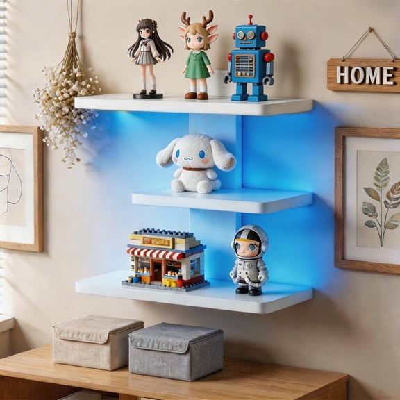 3 Tier Wall Mounted Display Shelf with Lighting Display Case Tabletop Shadow Box with RGB Lights LED Display Cabinet for Collectibles,Dolls,Blocks,Perfumes,Toys White