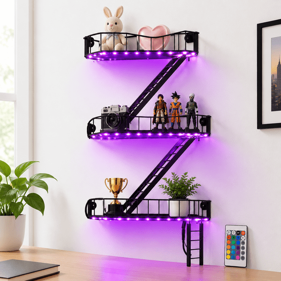 3 Tier Wall Mounted Floating Shelves with Built-in LED Lights and Remote Control