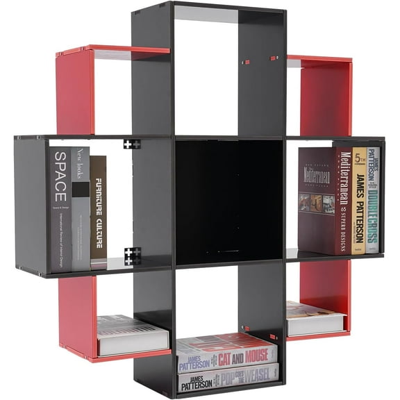 3-Tier Wall Mounted Geometric Bookshelf, Red and Black Irregular Nine-Grid Decorative Display Shelf