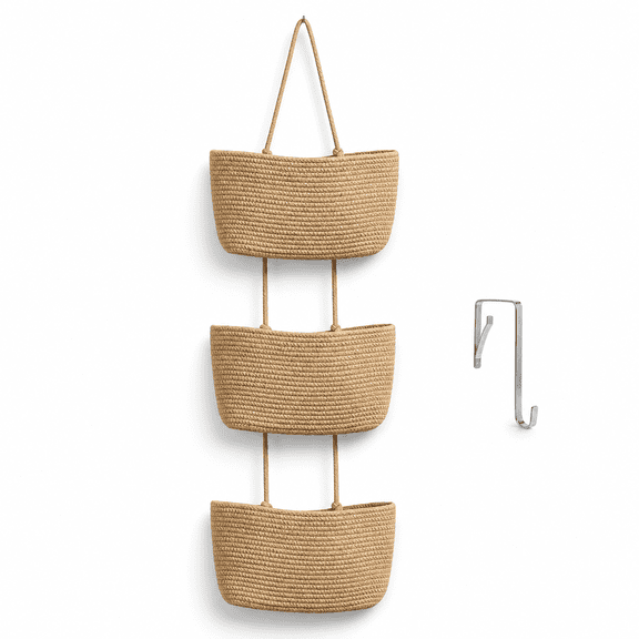 3-Tier Wall-Mounted Hanging Storage Baskets Jute Decorative Organizer