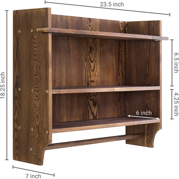 3 Tier Wall Mounted Rustic Burnt Solid Wood Bathroom Storage Shelves