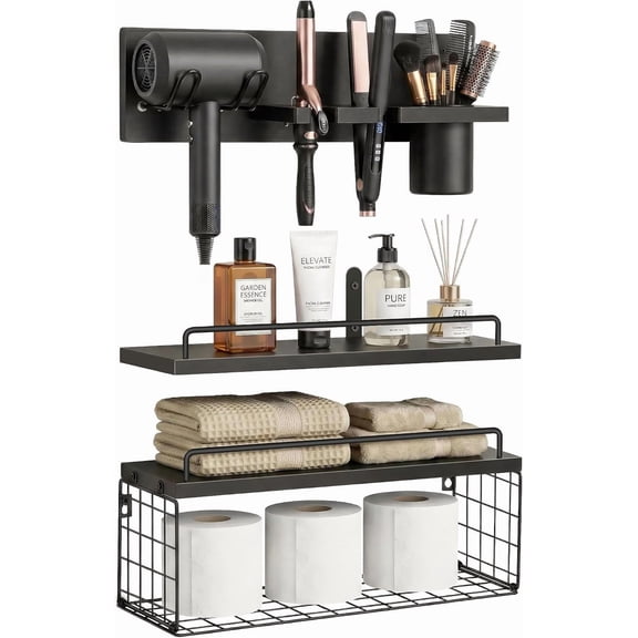 3-Tier Wall-Mounted Rustic Wood Floating Shelves with Hair Tool Organizer, Black Metal Brackets, Moisture-Resistant Bathroom Storage Rack