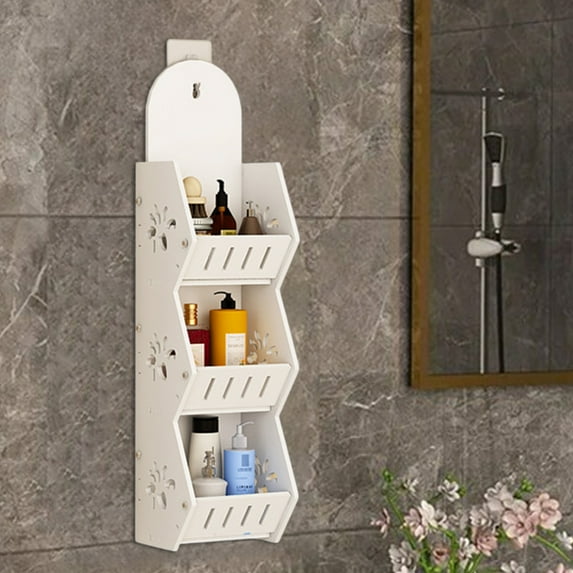 3-Tier Wall Mounted Storage Rack | White PVC Bathroom Organizer with Hanging Rings | Space-Saving Shower & Laundry Room Shelf for Toiletries & Cleaning Supplies