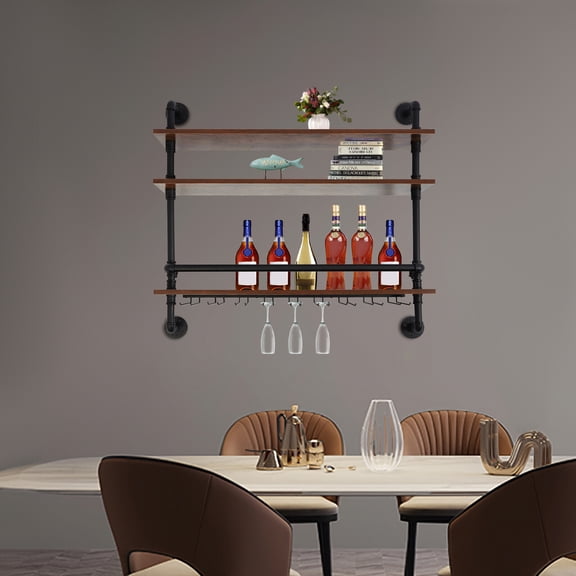 3-Tier Wall Mounted Wine Rack, 36" Wide Industrial Floating Bar Shelf Rustic Metal Pipe Shelving Wine Glass Holder, Wood Shelves for Kitchen, Dining Room, Living Room, Farmhouse