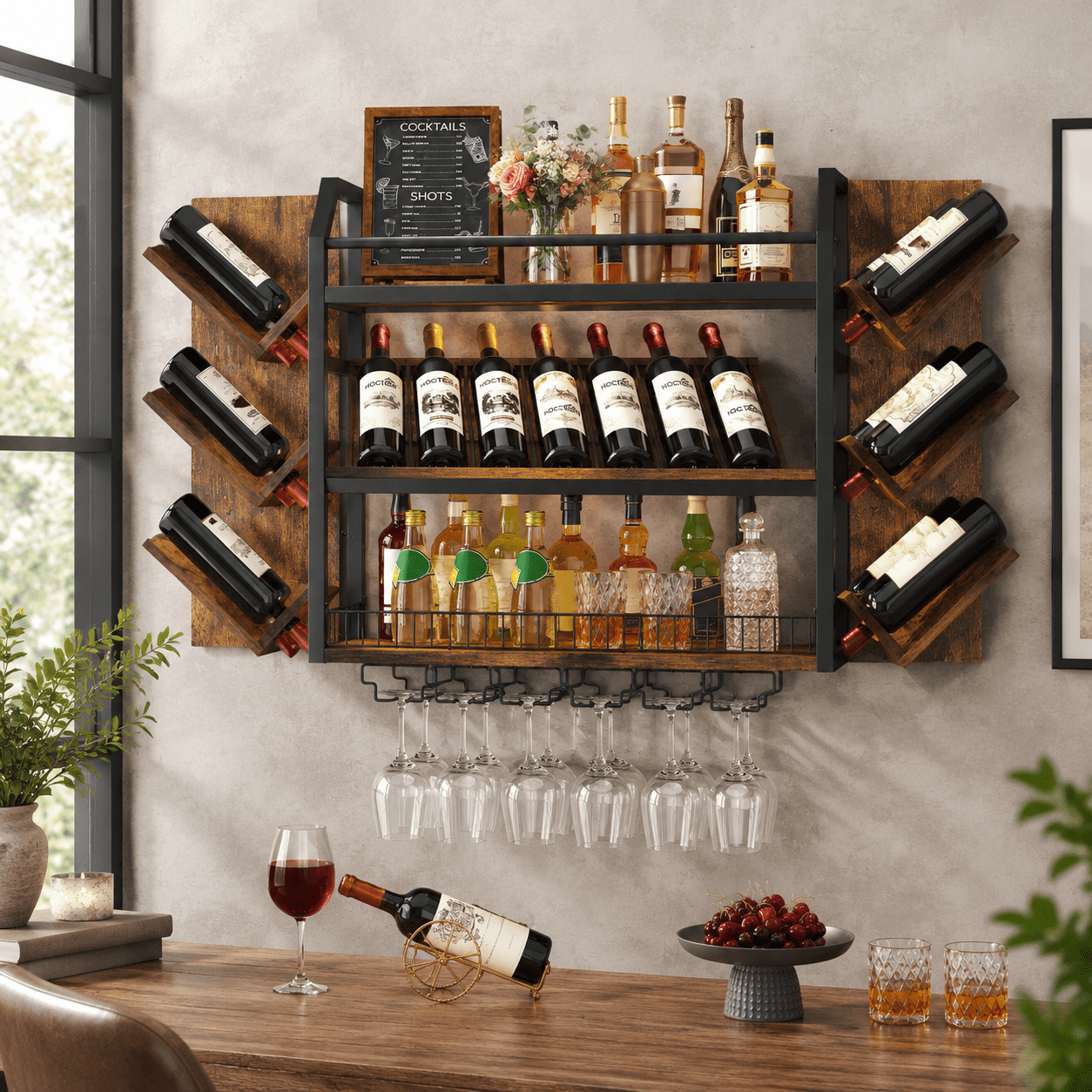 3 Tier Wall Mounted Wine Rack, Rustic Brown, Metal Wood Construction ...