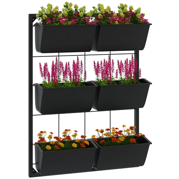3-Tier Wall Planter with 6 Pots for Indoor and Outdoor Use, Hanging Plant Holder, Self Draining Wall Mounted Planter for Vegetables, Flowers, Herbs, Black