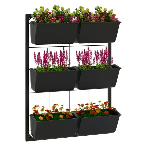 3-Tier Wall Planter with 6 Pots for Indoor and Outdoor Use, Hanging Plant Holder, Self Draining Wall Mounted Planter for Vegetables, Flowers, , Black
