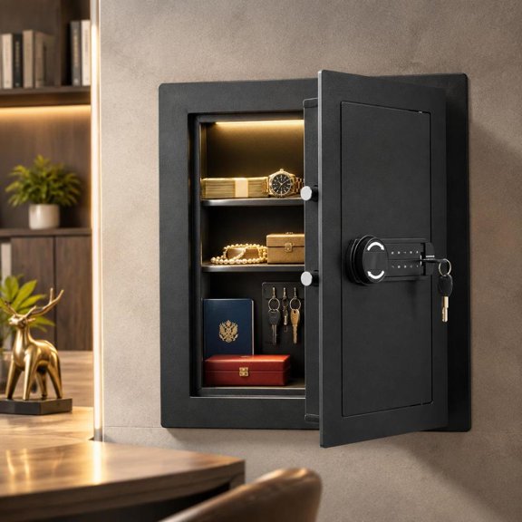 3-Tier Wall Safe with Password and Key, Q235 Cold-Rolled Steel, Led Lighting, 2 Adjustable Shelves, 5 Key Holders, Black