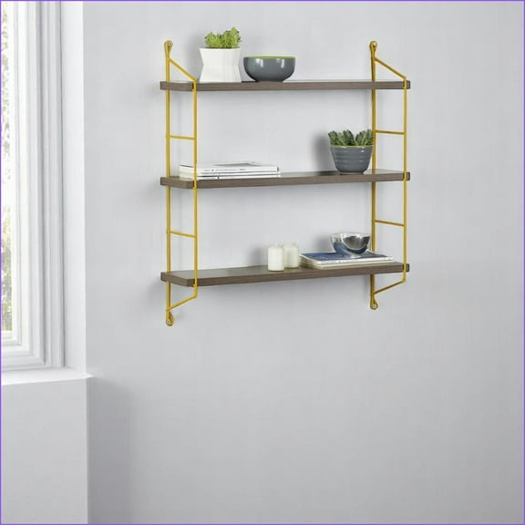 Wall Shelf 3-Tier Modern, Walnut Brown Shelves Lemon Yellow Metal Frame, Wall-Mounted | Walnut | Open Back