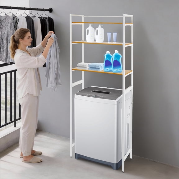 3-Tier Over Washer and Dryer Shelves, White Adjustable Laundry Room Shelves Space Saving Washer and Dryer Storage for Laundry Room, Kitchens, Dressing Rooms