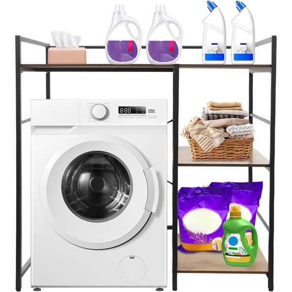 3 Tier Washer Dryer Stacking Rack Stand 47H Freestanding Metal Storage Shelf with 3 Side Shelves Over Dryer&Washer Shelves for Laundry Room(Black)
