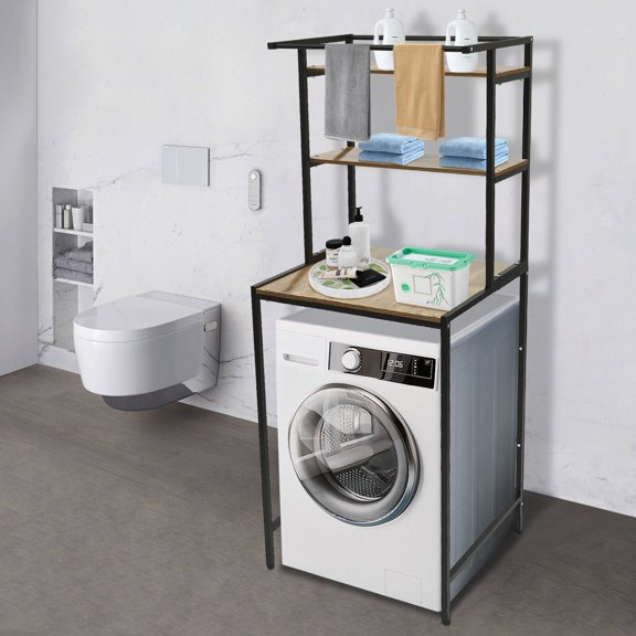 3-Tier Washer and Dryer Storage Rack Black and Oak Modern Design, MDF and Iron, Adjustable Feet, Large Compartment, Ideal for Bathroom and Laundry Room