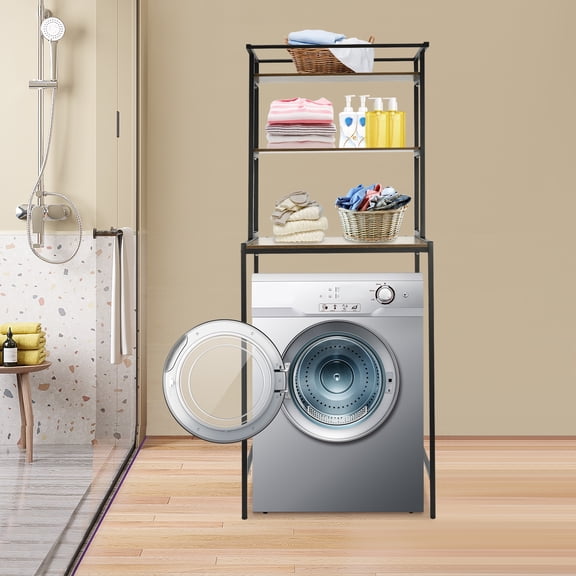 3-Tier Washer and Dryer Storage Shelf with Adjustable Feet, Durable MDF & Iron Frame, Floor-Mount Laundry Organizer Rack for Bathroom & Balcony