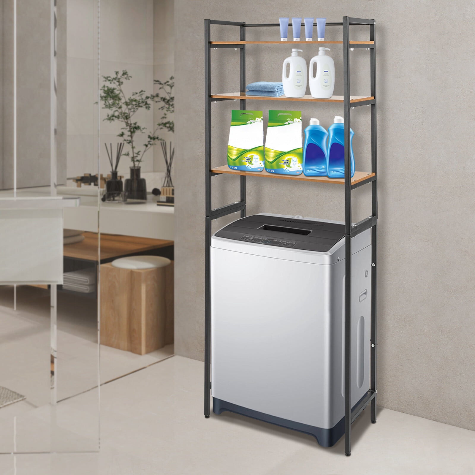 Wash Rack 3 Tier Washing Machine Storage Shelf Black Iron Frame With Wood Grain ...