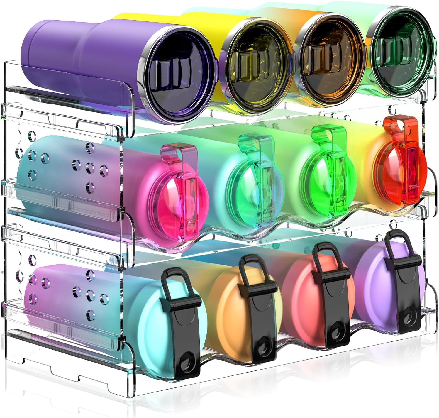 3 Tier Water Bottle Organizer - 12 Bottle Stackable Holder for Tumblers ...
