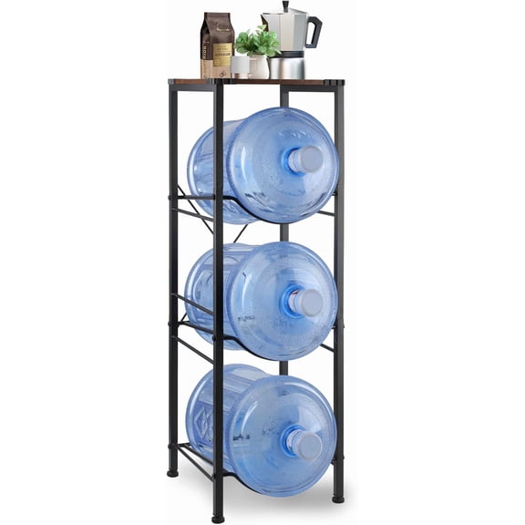 3 Tier Water Bottle Rack 5 Gallon Water Jug Storage Stand with Wood Top and Metal Frame Black