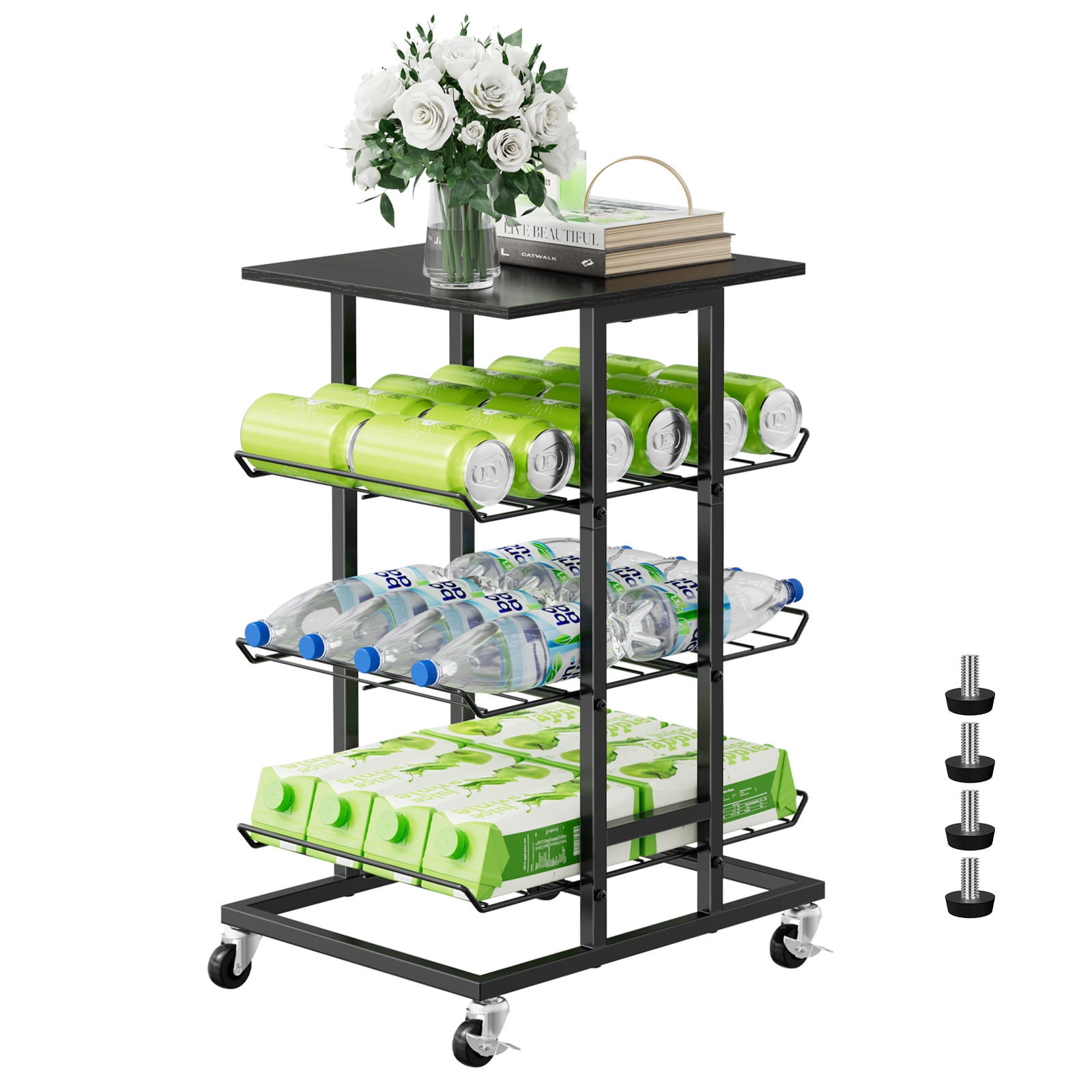 3 Tier Water Bottle Rack with Trolley Shelf, Black, Mobile Water Cup Storage Cart with Wheels
