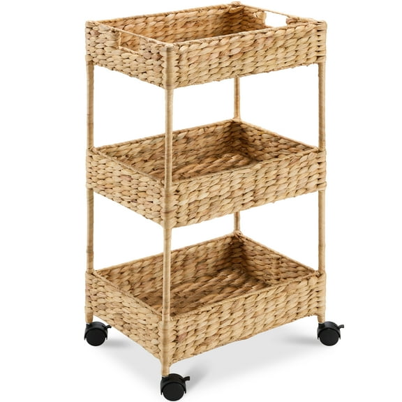 Best Choice Products 3-Tier Water Hyacinth Rolling Nursery Caddy w/ Wheels, Utility Cart, Storage Organization - Natural