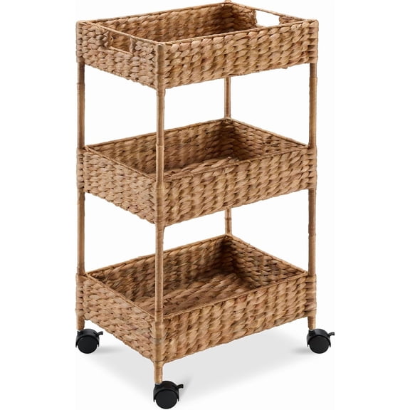 3-Tier Water Hyacinth Rolling Nursery Caddy w/Wheels, Utility Cart, Storage Organization for Bathroom, Craft Room, Laundry Room - Natural