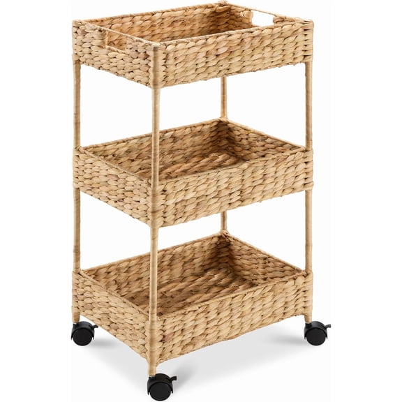 3-Tier Water Hyacinth Rolling Nursery Caddy w/Wheels, Utility Cart, Storage Organization for Bathroom, Craft Room, Laundry Room - Natural