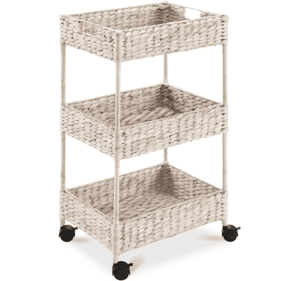 3-Tier Water Hyacinth Rolling Utility Cart with Casters for Indoor Storage, Whitewash